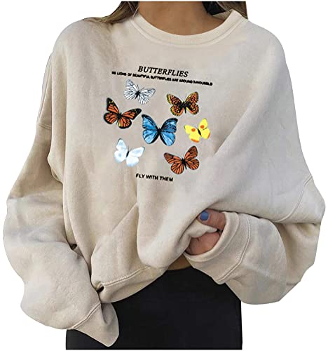 ORANDESIGNE Damen Hoodie Langarm Pullover Hip Hop Pullover Tops Rundhals Sweatshirt Ohne Kapuze Teenager Mädchen Vintage Langarmshirt Oberteile Y2k Top Winter Herbst Streetwear Pulli D Beige S von ORANDESIGNE