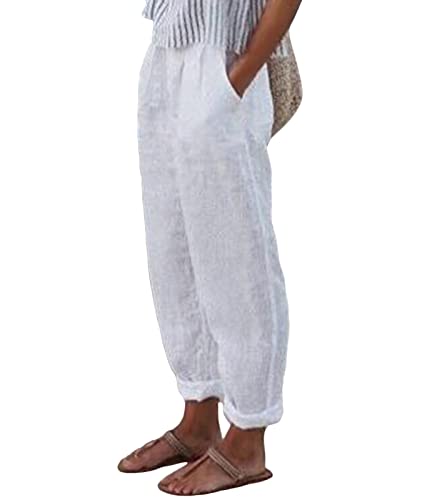 ORANDESIGNE Damen Hose Sommer Leinenhose Casual Stoffhose Haremshosen Hosen Pumphose Einfarbig Weite Freizeithose Elastische Taille Mit Taschen Bequeme Strandhose A Weiß L von ORANDESIGNE