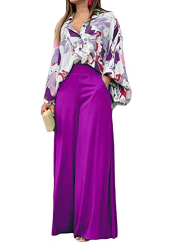 ORANDESIGNE Damen Hose und Hemd Drucken Zweiteiler Lange Ärmel Shirt Hose mit Weitem Bein und Elastischem Rücken 2 Teiler Outfit Elegant Kombi Business Anzug A Violett M von ORANDESIGNE