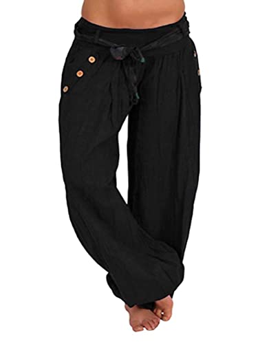 ORANDESIGNE Damen Hosen Lang Haremshose Ballonhose Pluderhose Yogahose Aladinhose Harem Sommerhose Baggy Harem Stil Sommerhose Mit Stoffgürtel 05 Schwarz 3XL von ORANDESIGNE