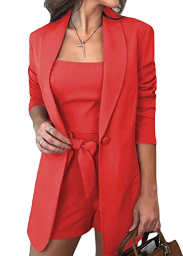 ORANDESIGNE Damen Hosenanzüge Elegant Freizeitbüro Business Anzug Set Hosenanzug Blazer Hose 2-teilig Anzug Einfarbig Zweiteiler Slimfit Streetwear A Rot S von ORANDESIGNE