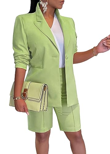 ORANDESIGNE Damen Hosenanzug Anzug 2-teilig Blazer und 1/2 Hose Elegant Business Outfit Anzug Shorts Zweiteiler Set Festlich Hosenanzüge Streetwear Damenanzug Buisnesskleidung A Hellgrün L von ORANDESIGNE