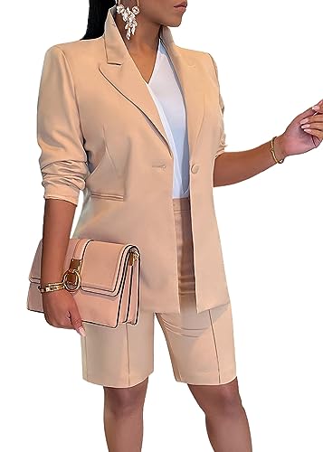 ORANDESIGNE Damen Hosenanzug Anzug 2-teilig Blazer und 1/2 Hose Elegant Business Outfit Anzug Shorts Zweiteiler Set Festlich Hosenanzüge Streetwear Damenanzug Buisnesskleidung A Khaki XXL von ORANDESIGNE