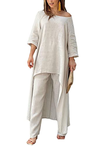 ORANDESIGNE Damen Hosenanzug Elegant Anzug Zweiteiler Langarm Oberteile Tunika Hemden und weites Bein Freizeit Hosen 2 Stück Casual Outfits 2Pcs Sets Loungewear Streetwear A Beige L von ORANDESIGNE