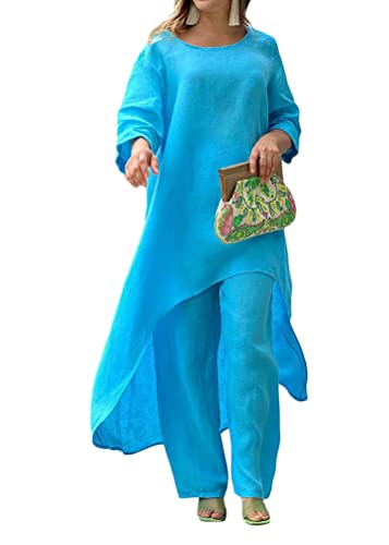 ORANDESIGNE Damen Hosenanzug Elegant Anzug Zweiteiler Langarm Oberteile Tunika Hemden und weites Bein Freizeit Hosen 2 Stück Casual Outfits 2Pcs Sets Loungewear Streetwear A Blau L von ORANDESIGNE