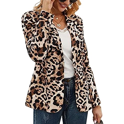 ORANDESIGNE Damen Jacke Büro Office Suit Langarm Sakkos Poster Blumenmuster Leopardenmuster Jacke Business Anzüge Mantel Geschäft Outwear F Leopard XXL von ORANDESIGNE