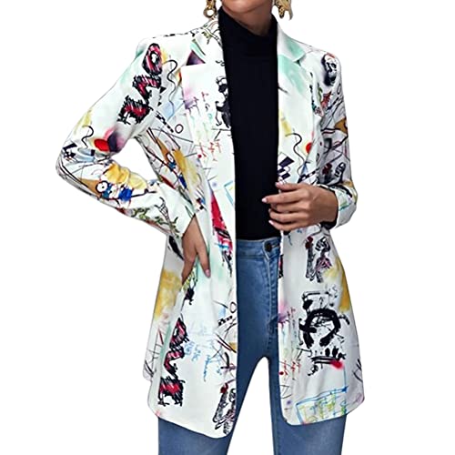 ORANDESIGNE Damen Jacke Büro Office Suit Langarm Sakkos Poster Blumenmuster Leopardenmuster Jacke Business Anzüge Mantel Geschäft Outwear K Weiß L von ORANDESIGNE