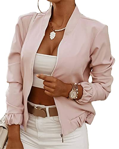 ORANDESIGNE Damen Jacke Casual Bomberjacke Langarm Bikerjacke Rundhalsausschnitt Blumendruck Reißverschluss Outwear Herbst Frühling Übergangsjacke A Rosa XL von ORANDESIGNE