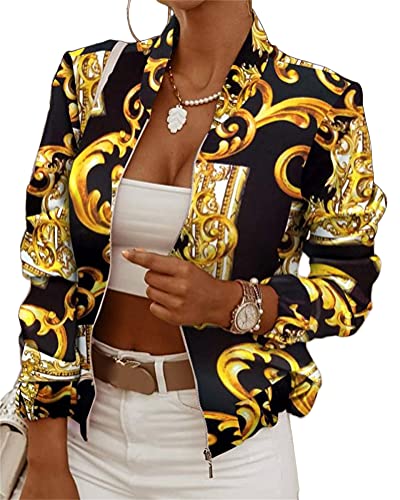 ORANDESIGNE Damen Jacke Casual Bomberjacke Langarm Bikerjacke Rundhalsausschnitt Blumendruck Reißverschluss Outwear Herbst Frühling Übergangsjacke C Schwarz XL von ORANDESIGNE