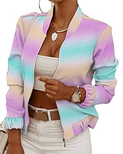 ORANDESIGNE Damen Jacke Casual Bomberjacke Langarm Bikerjacke Rundhalsausschnitt Blumendruck Reißverschluss Outwear Herbst Frühling Übergangsjacke F Violett M von ORANDESIGNE