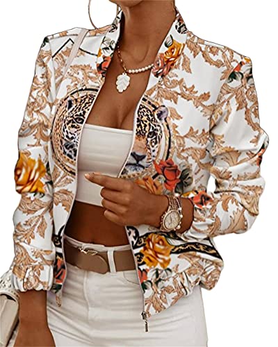 ORANDESIGNE Damen Jacke Casual Bomberjacke Langarm Bikerjacke Rundhalsausschnitt Blumendruck Reißverschluss Outwear Herbst Frühling Übergangsjacke H Weiß M von ORANDESIGNE