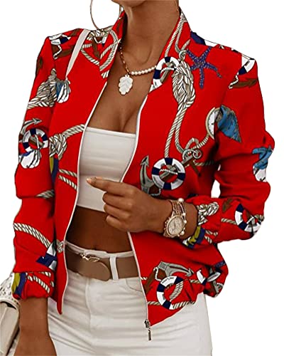 ORANDESIGNE Damen Jacke Casual Bomberjacke Langarm Bikerjacke Rundhalsausschnitt Blumendruck Reißverschluss Outwear Herbst Frühling Übergangsjacke XL B Rot von ORANDESIGNE