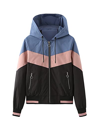 ORANDESIGNE Damen Jacke Colourblock Windbreaker Leicht Wasserdicht Windjacke Teenager Mädchen Outdoorjacke Winddicht Übergangsjacke mit Kapuze A Blau L von ORANDESIGNE