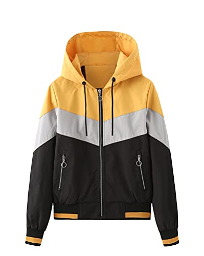 ORANDESIGNE Damen Jacke Colourblock Windbreaker Leicht Wasserdicht Windjacke Teenager Mädchen Outdoorjacke Winddicht Übergangsjacke mit Kapuze A Gelb L von ORANDESIGNE