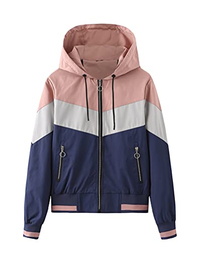 ORANDESIGNE Damen Jacke Colourblock Windbreaker Leicht Wasserdicht Windjacke Teenager Mädchen Outdoorjacke Winddicht Übergangsjacke mit Kapuze A Rosa L von ORANDESIGNE