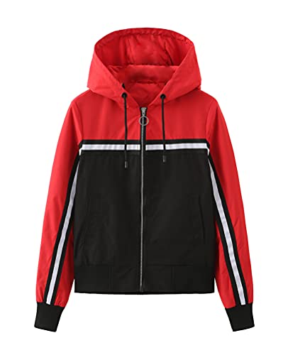 ORANDESIGNE Damen Jacke Colourblock Windbreaker Leicht Wasserdicht Windjacke Teenager Mädchen Outdoorjacke Winddicht Übergangsjacke mit Kapuze B Rot L von ORANDESIGNE