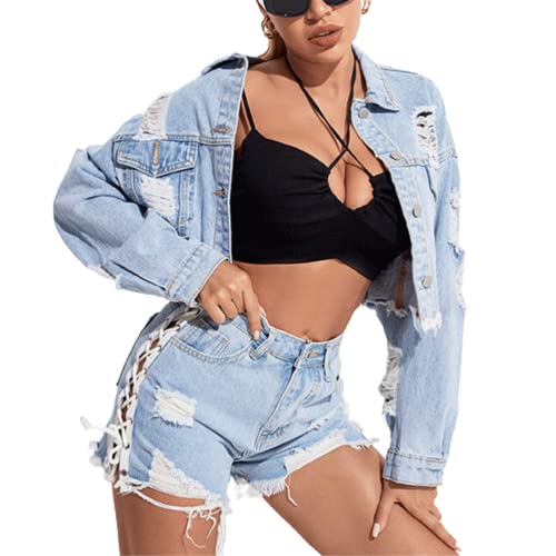 ORANDESIGNE Damen Jacken Jeansjacke Button Down Boyfriend Crop Denim Jacket Jean Jacke Kurze Denim Jacket Knopf Mantel Crop Top Freizeitjacke L Hellblau 36 von ORANDESIGNE