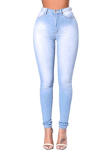 ORANDESIGNE Damen Jeans Hose High Waist Jeanshose Skinny Slim Stretch Hose Sommer Denim Hose mit Ripped Loch 01 Hellblau XL von ORANDESIGNE