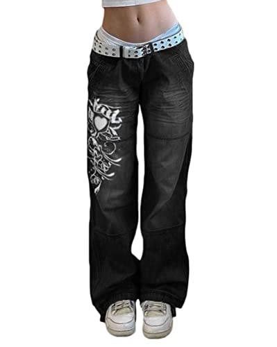 ORANDESIGNE Damen Jeans Hose mit hoher Taille Y2K Style Harajuku E-Girl Streetwear Hose Casual Pants Slim Vintage Flare Denim Hose A Schwarz XS von ORANDESIGNE