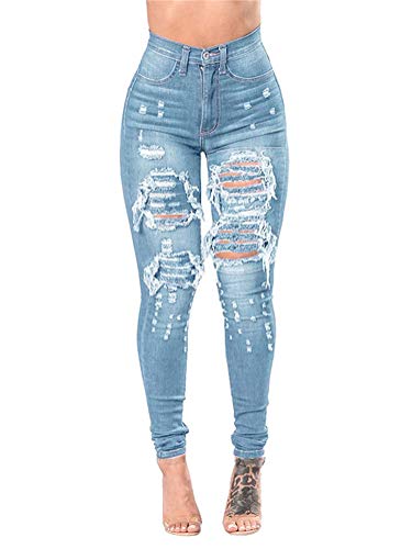 ORANDESIGNE Damen Jeans Lässig Hoher Taille Skinny Löcher Dünne Lange Zerrissene Jeanshose Stretchhose Freizeithose Stretch Denim Jeans Hosen B Hellblau L von ORANDESIGNE