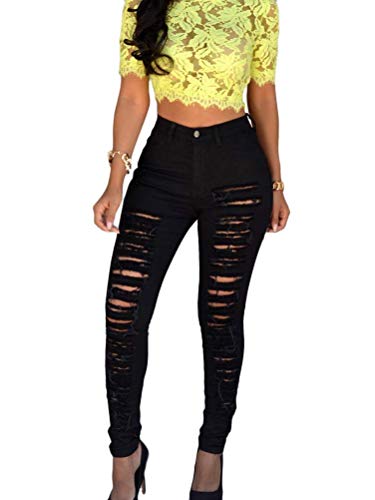 ORANDESIGNE Damen Jeans Lässig Hoher Taille Skinny Löcher Dünne Lange Zerrissene Jeanshose Stretchhose Freizeithose Stretch Denim Jeans Hosen C Schwarz M von ORANDESIGNE
