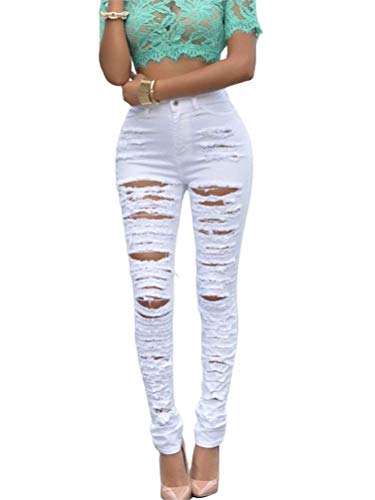 ORANDESIGNE Damen Jeans Lässig Hoher Taille Skinny Löcher Dünne Lange Zerrissene Jeanshose Stretchhose Freizeithose Stretch Denim Jeans Hosen C Weiß XL von ORANDESIGNE