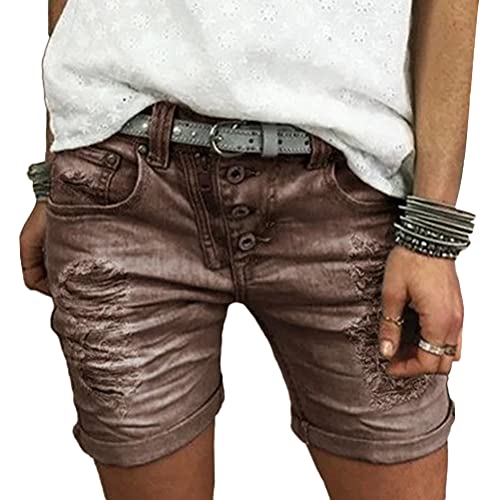 ORANDESIGNE Damen Jeans Short High Waist Denim Bermuda-Shorts Basic Stretch Shorts mit Aufschlag Einfarbig Kurze Hosen Short Boyfriend Caprihose im Used Look Stretch Hotpants 04 Khaki L von ORANDESIGNE