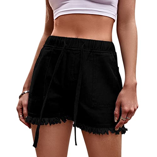 ORANDESIGNE Damen Jeans Shorts Stretch High Waist Kurze Hose Sommer Elegant Jeanshose Gummiband Hotpants Quasten Fransen Weite Hosen Mit Tasche Schwarz XL von ORANDESIGNE