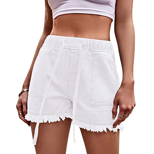 ORANDESIGNE Damen Jeans Shorts Stretch High Waist Kurze Hose Sommer Elegant Jeanshose Gummiband Hotpants Quasten Fransen Weite Hosen Mit Tasche Weiß M von ORANDESIGNE