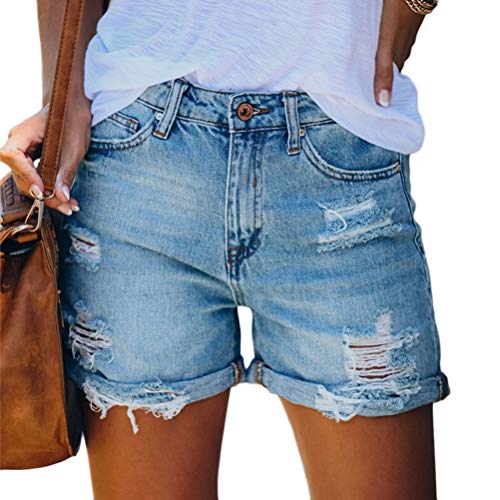 ORANDESIGNE Damen Jeans Shorts mit Hoher Taille Zerrissene Jeans Shorts Denim Shorts mit Fransen Gerollte Jeansshorts Stretch Shorts Jeansshorts mit Sternenmuster D Blau M von ORANDESIGNE