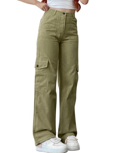 ORANDESIGNE Damen Jeans Straight Baggy Low Waist Cargohose Breites Bein Boyfriend Hose Locker Freizeithose Jeanshose Streetwear Cargo Hosen Jeans Denim Pants Casual Trousers Grün L von ORANDESIGNE