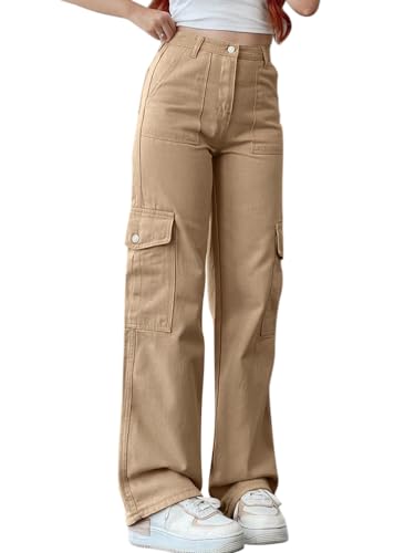 ORANDESIGNE Damen Jeans Straight Baggy Low Waist Cargohose Breites Bein Boyfriend Hose Locker Freizeithose Jeanshose Streetwear Cargo Hosen Jeans Denim Pants Casual Trousers Khaki XS von ORANDESIGNE