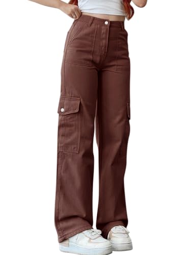 ORANDESIGNE Damen Jeans Straight Baggy Low Waist Cargohose Breites Bein Boyfriend Hose Locker Freizeithose Jeanshose Streetwear Cargo Hosen Jeans Denim Pants Casual Trousers Rot L von ORANDESIGNE