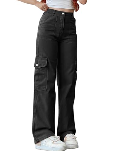 ORANDESIGNE Damen Jeans Straight Baggy Low Waist Cargohose Breites Bein Boyfriend Hose Locker Freizeithose Jeanshose Streetwear Cargo Hosen Jeans Denim Pants Casual Trousers Schwarz XS von ORANDESIGNE