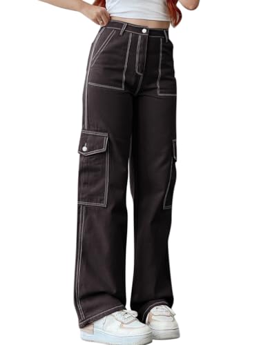 ORANDESIGNE Damen Jeans Straight Baggy Low Waist Cargohose Breites Bein Boyfriend Hose Locker Freizeithose Jeanshose Streetwear Cargo Hosen Jeans Denim Pants Casual Trousers Schwarz02 XS von ORANDESIGNE