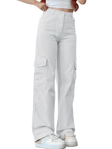 ORANDESIGNE Damen Jeans Straight Baggy Low Waist Cargohose Breites Bein Boyfriend Hose Locker Freizeithose Jeanshose Streetwear Cargo Hosen Jeans Denim Pants Casual Trousers Weiß XL von ORANDESIGNE