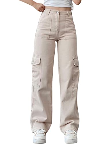 ORANDESIGNE Damen Jeans Straight Baggy Low Waist Cargohose Breites Bein Boyfriend Hose Locker Freizeithose Sommer Jeanshose Streetwear Cargo Denim Pants Casual Trousers A Apricot XS von ORANDESIGNE