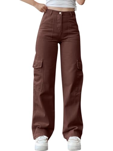 ORANDESIGNE Damen Jeans Straight Baggy Low Waist Cargohose Breites Bein Boyfriend Hose Locker Freizeithose Sommer Jeanshose Streetwear Cargo Jeans Denim Pants Casual Trousers A Red XS von ORANDESIGNE