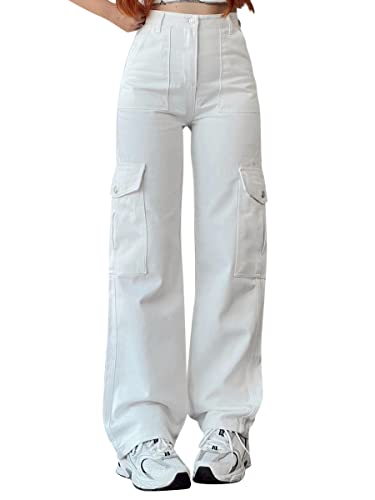 ORANDESIGNE Damen Jeans Straight Baggy Low Waist Cargohose Breites Bein Boyfriend Hose Locker Freizeithose Sommer Jeanshose Streetwear Cargo Jeans Denim Pants Casual Trousers A White 3XL von ORANDESIGNE