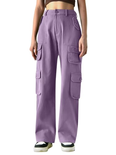 ORANDESIGNE Damen Jeans Straight Baggy Low Waist Cargohose Breites Bein Boyfriend Hose Locker Freizeithose Sommer Jeanshose Streetwear Cargo Jeans Denim Pants Casual Trousers D Lila XL von ORANDESIGNE
