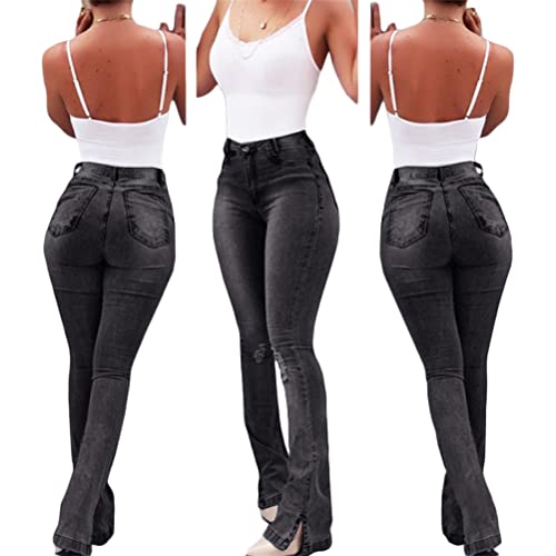 ORANDESIGNE Damen Jeans mit Schlaghose für Frauen Hoch Tailliert Schlaghosen mit Klassisch Weitem Bein Zerrissene Denim Hosen Kurvige Bootcut Stretch Jeans A Schwarz M von ORANDESIGNE