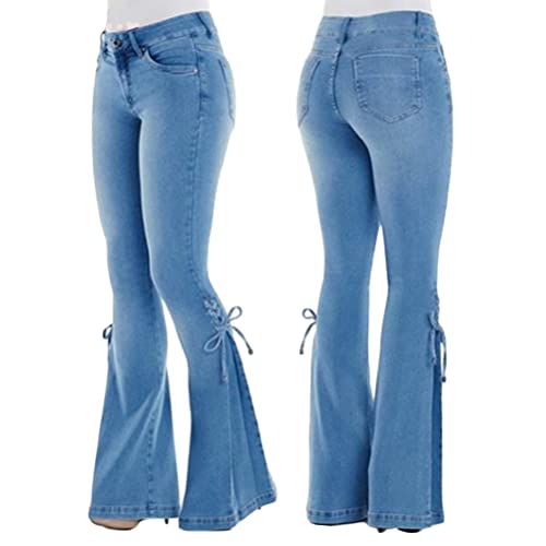 ORANDESIGNE Damen Jeans mit Schlaghose für Frauen Hoch Tailliert Schlaghosen mit Klassisch Weitem Bein Zerrissene Denim Hosen Kurvige Bootcut Stretch Jeans B Dunkelblau M von ORANDESIGNE