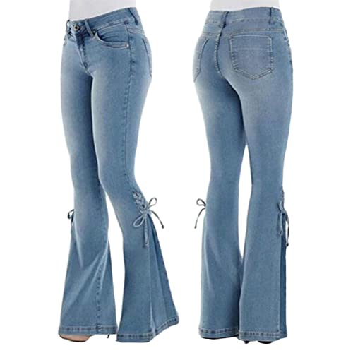 ORANDESIGNE Damen Jeans mit Schlaghose für Frauen Hoch Tailliert Schlaghosen mit Klassisch Weitem Bein Zerrissene Denim Hosen Kurvige Bootcut Stretch Jeans B Hellblau L von ORANDESIGNE
