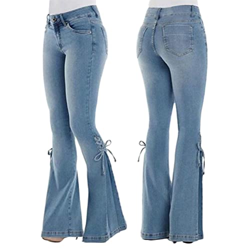 ORANDESIGNE Damen Jeans mit Schlaghose für Frauen Hoch Tailliert Schlaghosen mit Klassisch Weitem Bein Zerrissene Denim Hosen Kurvige Bootcut Stretch Jeans B Hellblau M von ORANDESIGNE