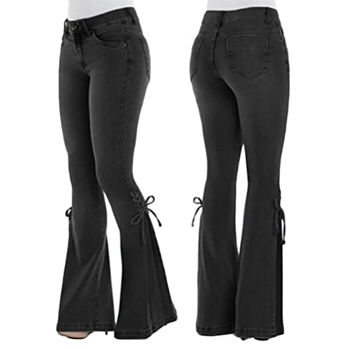 ORANDESIGNE Damen Jeans mit Schlaghose für Frauen Hoch Tailliert Schlaghosen mit Klassisch Weitem Bein Zerrissene Denim Hosen Kurvige Bootcut Stretch Jeans B Schwarz L von ORANDESIGNE