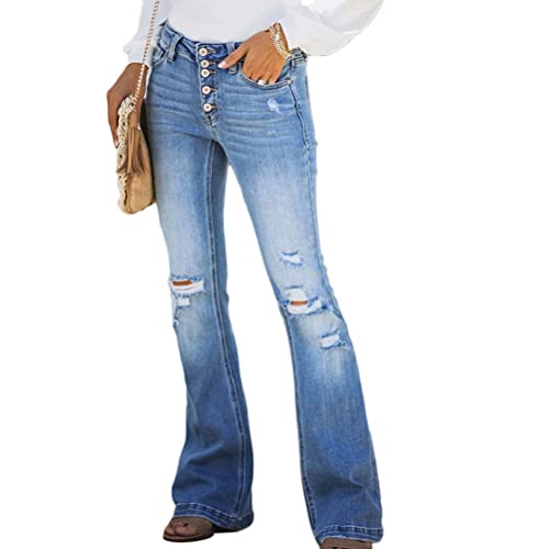 ORANDESIGNE Damen Jeans mit Schlaghose für Frauen Hoch Tailliert Schlaghosen mit Klassisch Weitem Bein Zerrissene Denim Hosen Kurvige Bootcut Stretch Jeans F Hellblau XS von ORANDESIGNE