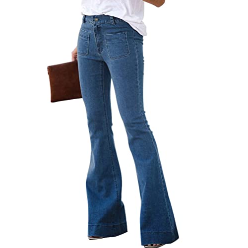 ORANDESIGNE Damen Jeans mit Schlaghose für Frauen Hoch Tailliert Schlaghosen mit Klassisch Weitem Bein Zerrissene Denim Hosen Kurvige Bootcut Stretch Jeans G Blau M von ORANDESIGNE