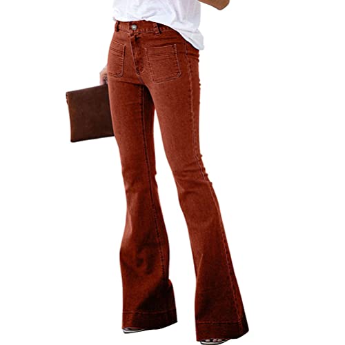 ORANDESIGNE Damen Jeans mit Schlaghose für Frauen Hoch Tailliert Schlaghosen mit Klassisch Weitem Bein Zerrissene Denim Hosen Kurvige Bootcut Stretch Jeans G Braun XL von ORANDESIGNE