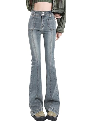 ORANDESIGNE Damen Jeanshose Schlagjeans Einfarbig Elastisch Hohe Taille Weites Bein Denim Hose Schlaghosen Schlank Lässige Streetwear Flare Jeans B Blau M von ORANDESIGNE