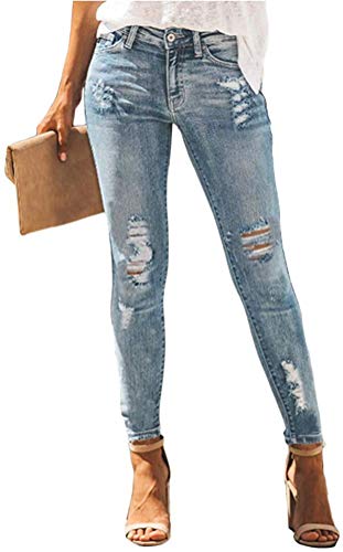 ORANDESIGNE Damen Jeanshosen Slim Fit Jeans Rissen Löcher Ankle Jeanshosen Boyfriend Jeans B Blau M von ORANDESIGNE